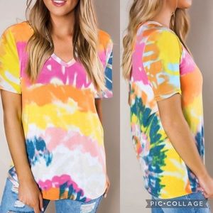 YELLOW Gradient Tie Dye V Neck T-shirt